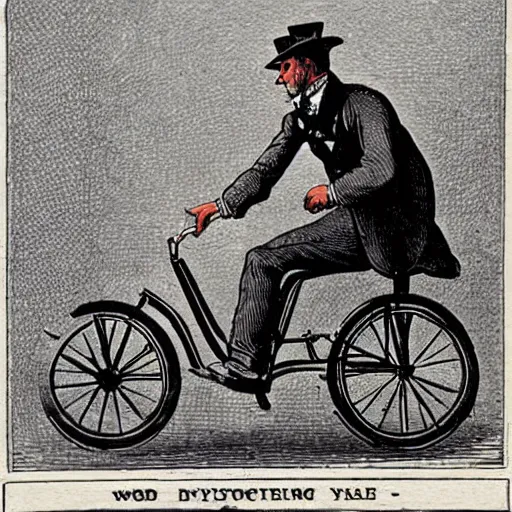 Prompt: a man riding a cycle plane illustration victorian