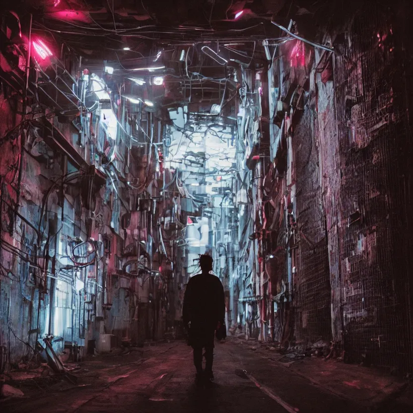 Image similar to a person in a dark tunnel with a light on, cyberpunk art by elsa bleda, trending on cg society, light and space, dystopian art, futuristic, circuitry