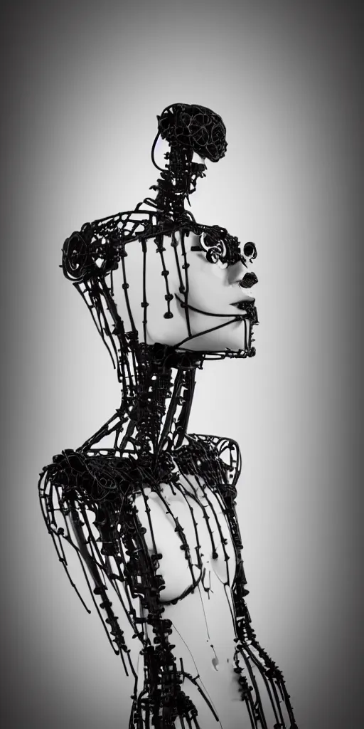 Prompt: black and white dreamy foggy smoky profile face portrait, single skeletal biomechanical beautiful young female cyclops - cyborg - robot bust, body ribs meshes,, volumetric light, rim light, by dora maar and cecile beaton, big gothic fashion pearl embroidered collar, 8 k