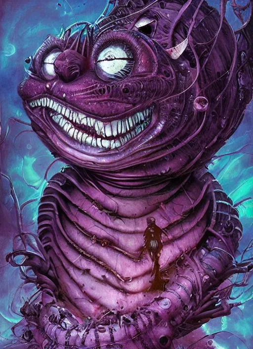 Prompt: cheshire cat, alien, highly detailed, cinematic, 8 k, by megan duncanson, benjamin lacombe, adrian borda, stanley artgermm, tom bagshaw, craig mullins, carne griffiths, ayami kojima, beksinski, giger, trending on deviantart, hyper detailed, horror, full of colour