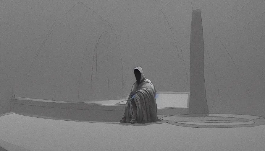 Image similar to A Big Enigmatic Hooded Being sits on his throne, low angle shot, concept art, denis villeneuve
