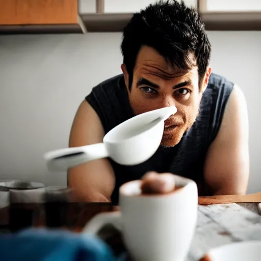 Image similar to a man peeking above a table and looking at a spoon