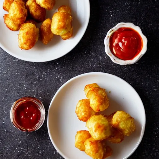 Image similar to food photo of channing tatum's face as tater tot on a plate with ketchup