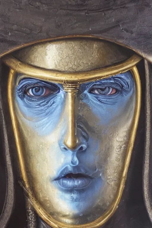 Image similar to hyperrealism oil painting, close - up portrait of face hiding in stingray medieval fashion model, knight, steel gradient mixed with nebula sky, in style of baroque mixed with 7 0 s book art