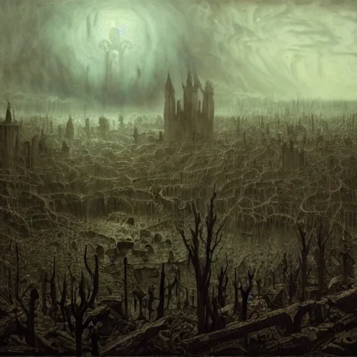 Image similar to an ominous nightmare of a river of blood spreading death and tarnation over a tarninshed graveyard in ruins, gothic, castelvania, decay and destruction, by stephen gammel, franz sedlacek, gustave dore, fromsoftware, matte painting, super wide angle, aerial photography, trending on artstation, epic masterpiece,