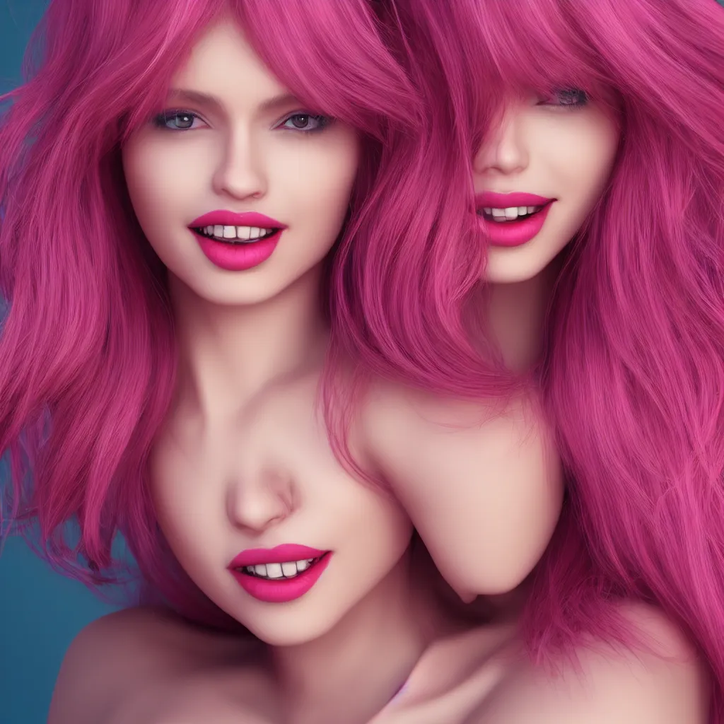 Image similar to ultra realistic portrait of a hot woman, colorful hair, pink lips, gorgeous smile, stunning, hottest, 8K resolution, 3D, Octan render,