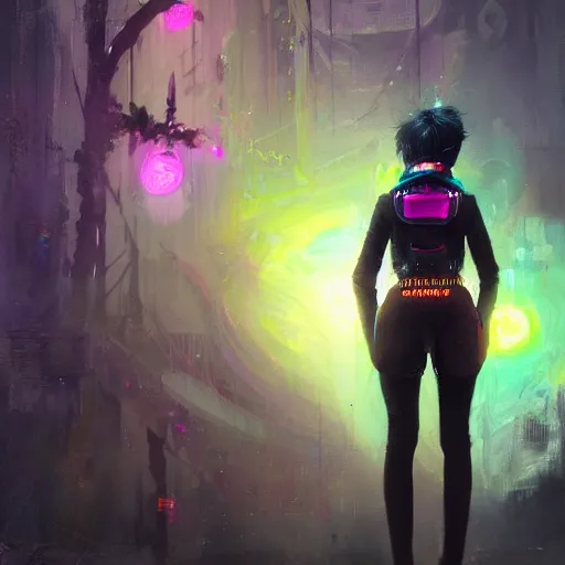 Image similar to skill magic deepdream guardian girl with short black hair cyberpunk futuristic, reflective puffer jacket, black leggings from the back radiating a glowing colorful aura by ismail inceoglu dragan bibin hans thoma, perfect face, fine details, realistic shaded, fine - face, pretty face