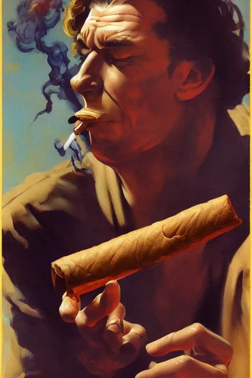 Image similar to An android smoking a cigar, by Frank Frazetta, Trending on Artstation, highly detailed,