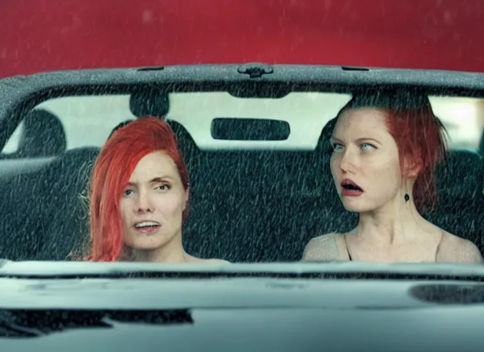 Image similar to A very high resolution image from a new movie, inside of a car, red hair woman, raining, hot, directed by wes anderson