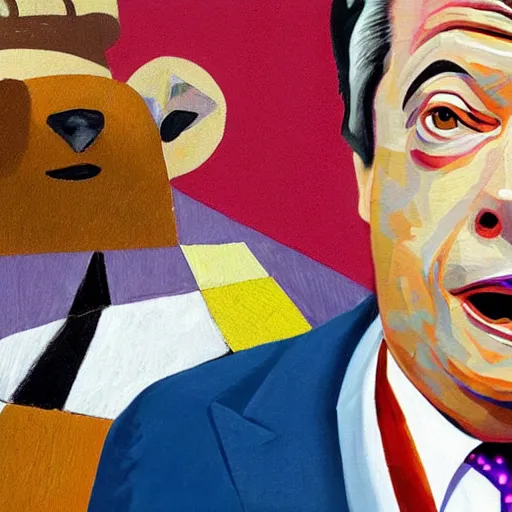 Prompt: nigel farage being chased by a bear, cubism painting