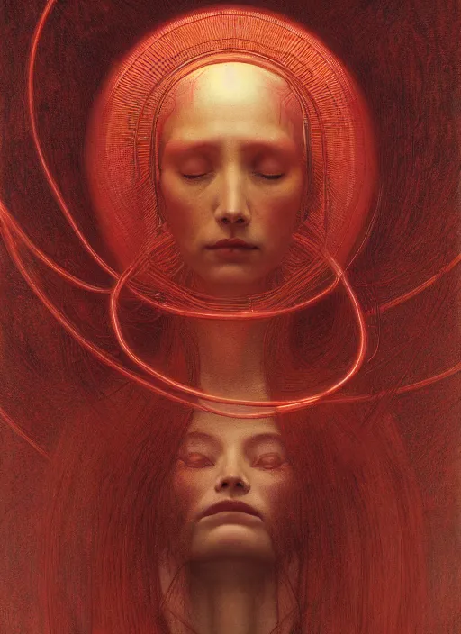 Prompt: Woman masterpiece, red, golden halo behind her head, red wires wrap around, by Edgar Maxence and Ross Tran, Zdzisław Beksiński, and Michael Whelan, distant, gustav dore, H.R. Giger, 8k, octane render