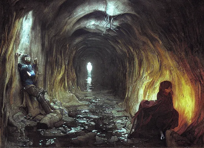 Prompt: underground cavern. the path leads into the gloom. you see no end to the darkness. the cavernous passage echoes with of dripping water. edgar maxence and caravaggio and michael whelan and delacroix style, artistic, intricate painting, cinematic lighting, hyper realistic, extremely detailed, vivid colors, establishing shot, dramatic lighting.