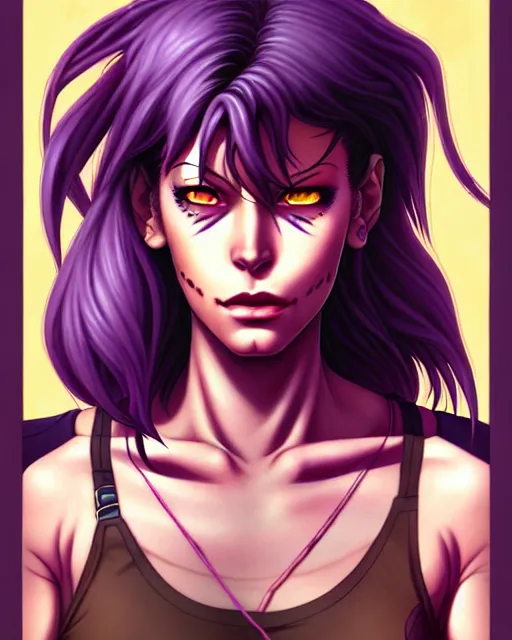 Prompt: a portrait of revy from black lagoon, black tank top, jean shorts, brown eyes, purple hair, tribal tattoos right arm sleeve, symmetrical eyes, symmetrical face, art by lois van baarle and loish and ross tran and rossdraws and sam yang and artgerm