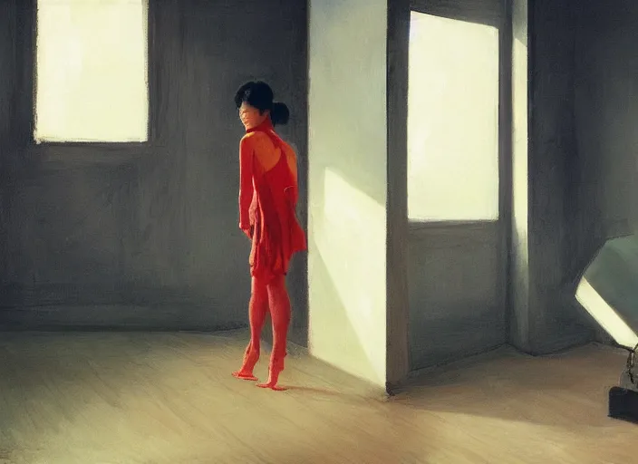 Image similar to famous asian actress girl dropping the shadow of her desires on the wall of empty house with a light from a window creating dreams, style of James Jean, Edward Hopper, Francis Bacon, colors of Mark Rothko, Frank Auerbach, trending on artstation, Greg Rutkowski, dark atmosphere