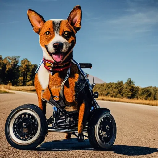 Image similar to blue heeler dog on a motorcycle, 8 k photography, blurred background of a wafflehouse