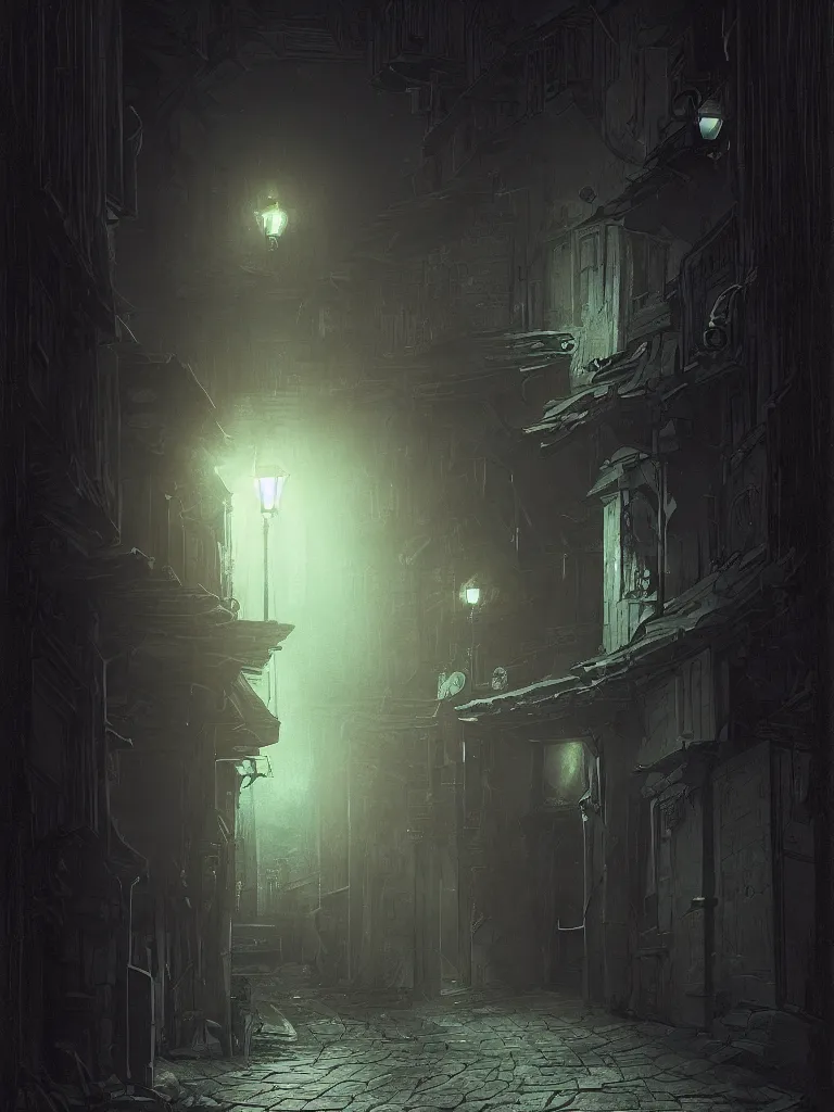 Image similar to a nightscene with a dark alley at the end an illuminated door in the style of greg rutkowski and hiromasa ogura