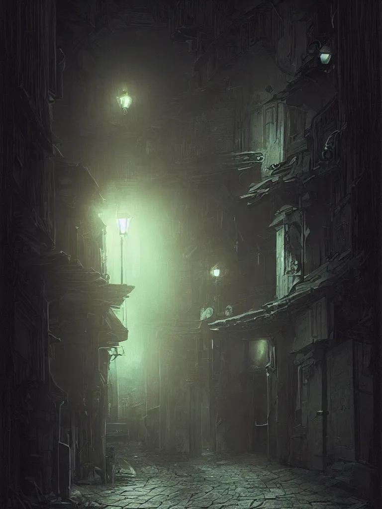 Prompt: a nightscene with a dark alley at the end an illuminated door in the style of greg rutkowski and hiromasa ogura