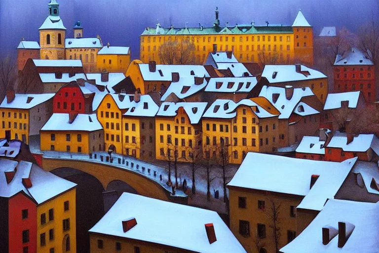 Prompt: cesky krumlov in winter by jeffrey smith, cubism, oil on canvas, trending art station, masterpiece