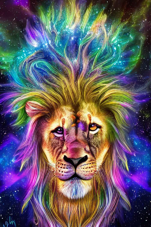 Image similar to a very high ultrarealistic hyper detailed photo of an psychedelic futuristic lion humanoid with dreadlocks in the cosmos