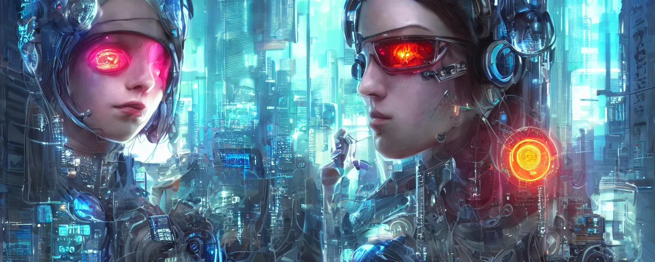 Image similar to portrait of a cyberpunk sci-fi artificual intelligence machine, third person, D&D, sci-fi fantasy, intricate, hologram colors , highly detailed, art by Range Murata, highly detailed, isometric 3d, octane render, bright colors, digital painting, trending on artstation, sharp focus, illustration style of Stanley Artgerm,