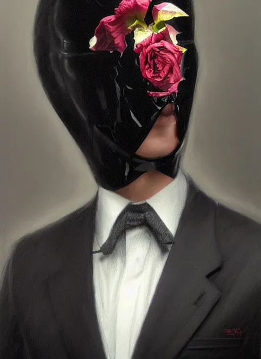 Image similar to an black suit with a tie, a rose of sharon shrub growing out of the neck hole instead of a head, intricate, highly detailed, concept art, hyperrealistic, oil painting by greg staples, 8 k