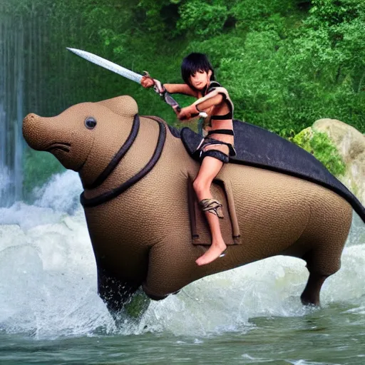 Image similar to a hd photo of skinny tan 1 0 year old half - asian boy with dark anime hair riding an armored hippo down a waterfall with a large sword in one hand and a shield in the other hand, photorealistic, high definition face, scowl on face