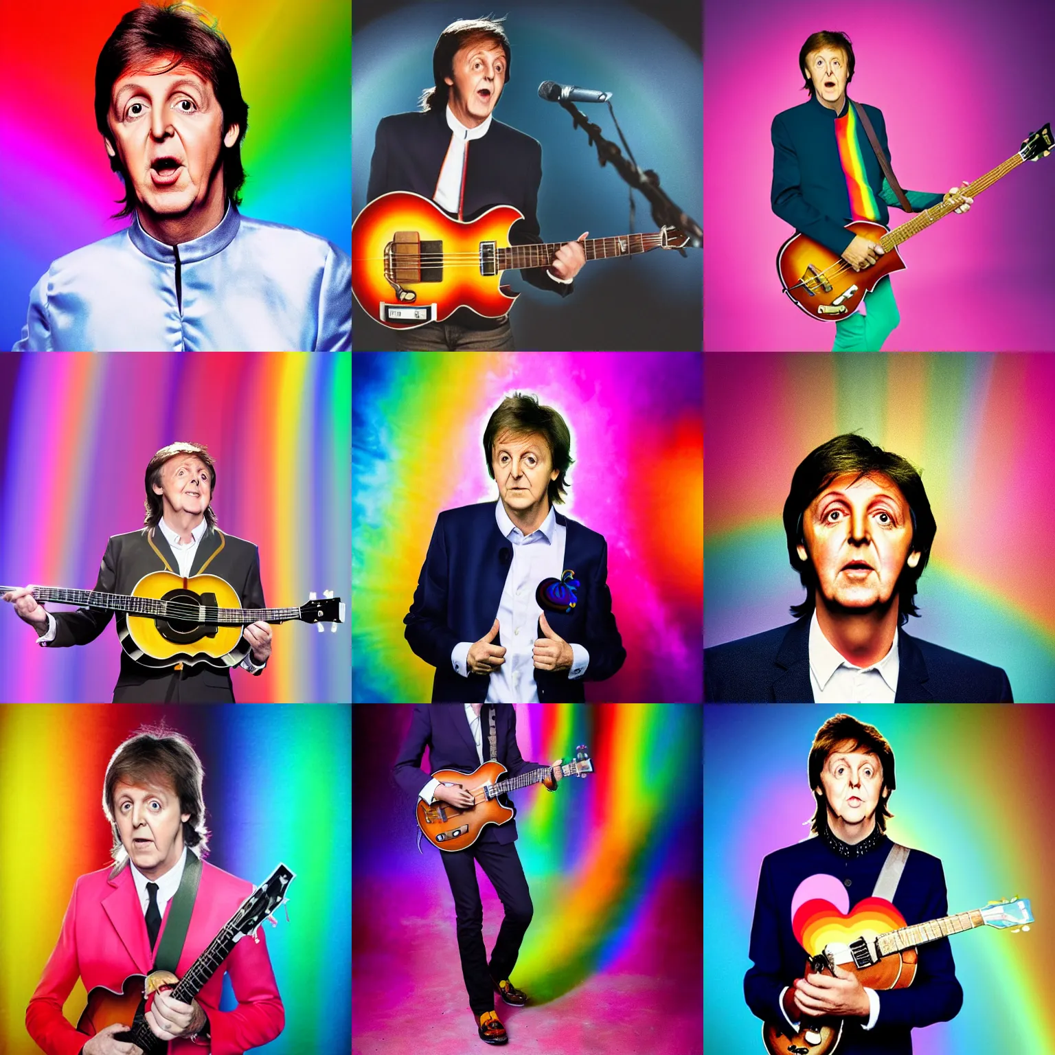 Prompt: Paul McCartney dressed as a rainbow princess, studio lighting, realistic photo