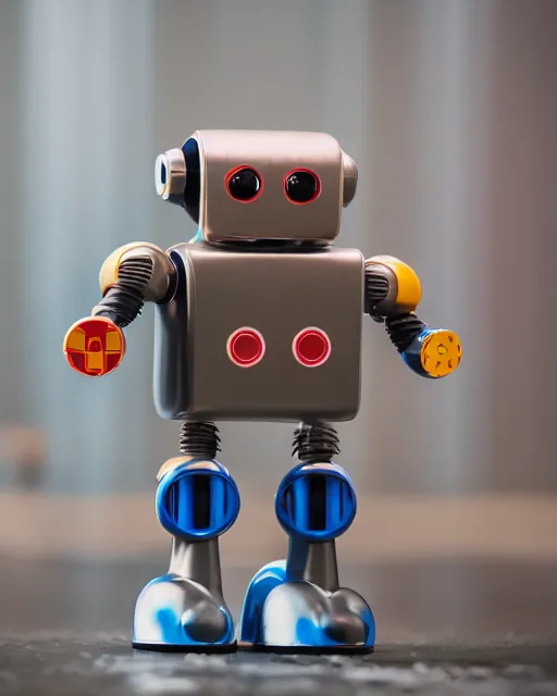 Image similar to high quality presentation photo of a retro toy robot, photography 4k, f1.8 anamorphic, bokeh, 4k, Canon, Nikon