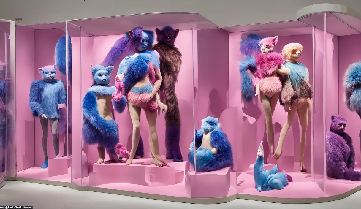 Prompt: diorama windowstore vitrine at the american museum of natural history, new york, of very realistic dissected in furry pink and blue and iridiscent teletubbies as furry animals, photography portrait aesthetic by guy bourdin, museum artifact