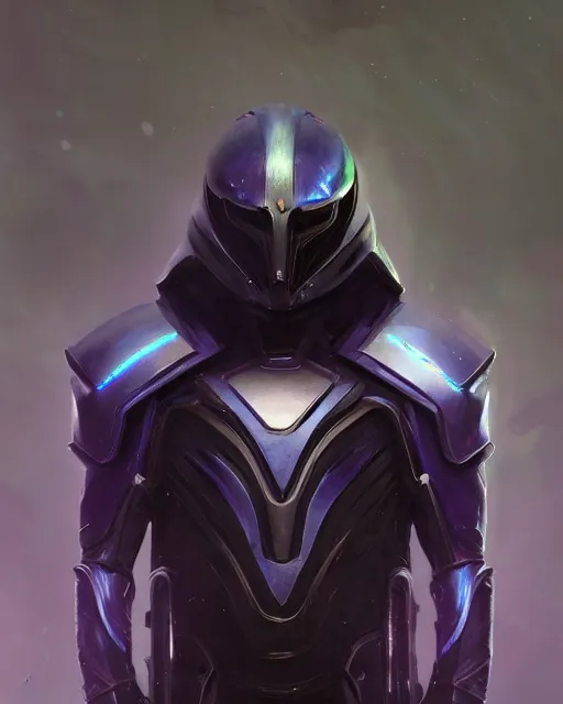 Image similar to character concept of iridescent sinewy smooth muscular male sleek glossy indigo black pearlescent flowing scifi armor with smooth black featureless helmet, by greg rutkowski, mark brookes, jim burns, tom bagshaw, magali villeneuve, trending on artstation