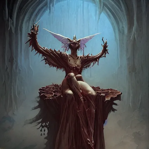 Prompt: 'The Evil Satanic Tooth-Fairy Demon Goddess is pulling your strings twisting your mind and smashing your dreams, fullbody, intricate, horror, fantasy horror, dungeons & dragons, highly detailed, artstation, concept art, smooth, sharp focus, illustration, art by greg rutkowski and orientalism and bouguereau and Zdzislaw Beksinski, good clear quality, lighting, biology, symmetrical artwork, perfect face, 135 mm, cinematic, hyper realism, high detail, octane render, 8k, chrome accents'