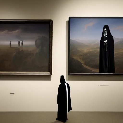 Prompt: the grim reaper standing stoic in black robe, waiting patiently, in a museum with paintings and people, perfect composition, by mike winkelmann, simon stalenhag