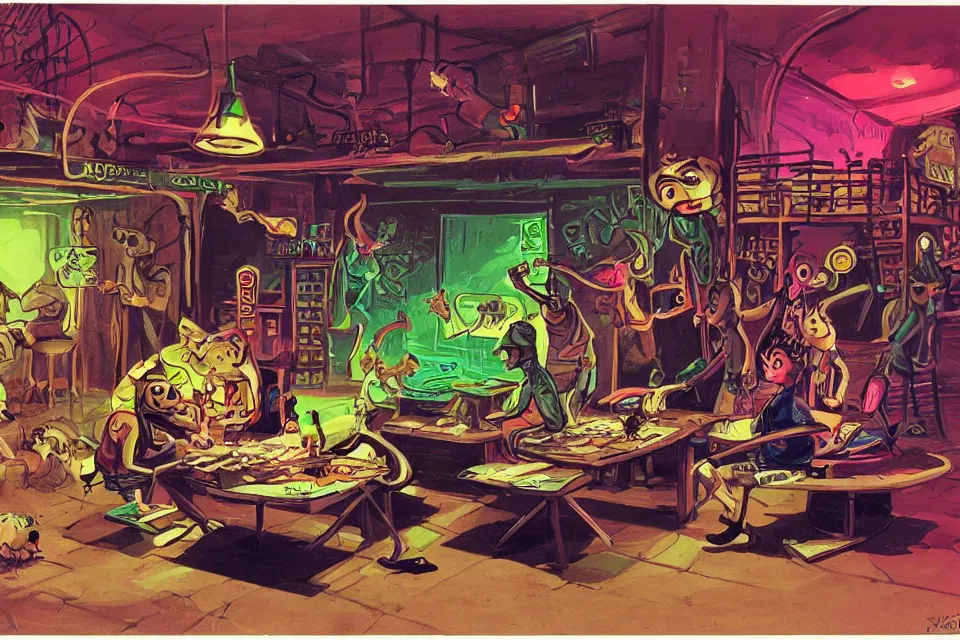 Image similar to rats rolling dice, neon basement, by john kricfalusi and syd mead