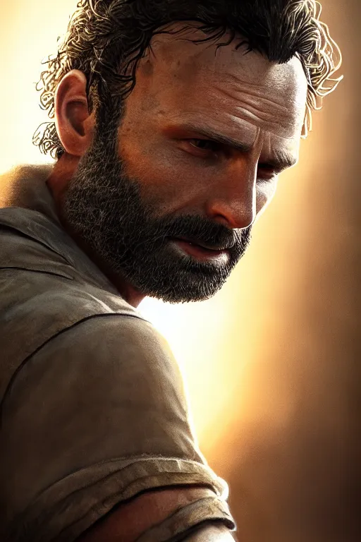 Image similar to portrait art of rick grimes 8 k ultra realistic, digital art, character portrait, highly detailed, trending on artstation, lens flare, atmosphere, hyper realistic, cinematic lightning, sharp focus, unreal engine 5, extreme details perfect face, pretty face, fine - face, illustration, 8 k, ultra texture, masterpiece