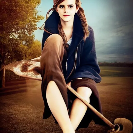 Image similar to Emma Watson sitting on a broomstick flying in the clouds next to an airliner, full body shot