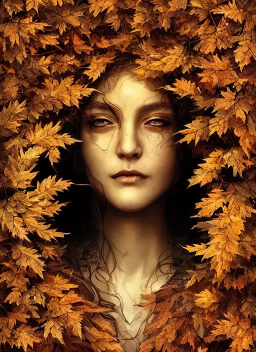 Image similar to golden leaves at frame border, creative!!! composition for a book cover!!!, absurdly beautiful, ultrafine hyperrealistic detailed old witch face by wlop and artgerm and greg rutkowski, intricate linework, sharp focus, smooth, octopath traveler, final fantasy, unreal engine, dramatic lighting, ethereal, 8 k