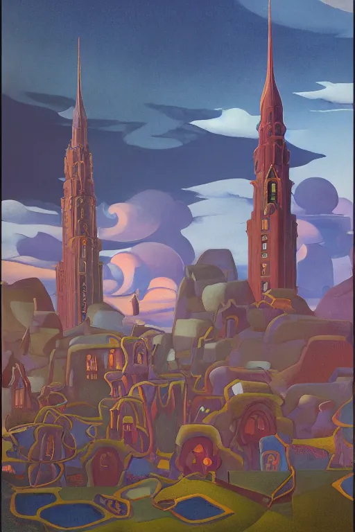 Prompt: view of the mysterious blue tower in its gardens after a storm, tall windows lit up, beautiful ornamental architecture, dramatic cinematic lighting, rich colors, by Nicholas Roerich and William Dyce and April Gornik and Sylvain Sarrailh and Ludwig Deutsch and Diego Rivera, fairytale illustration, featured on artstation