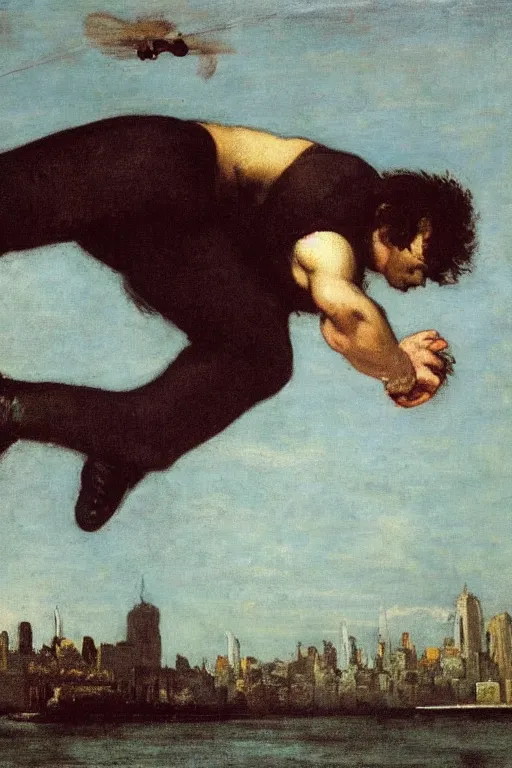 Prompt: a young man flying through new york city. his hands stretched to the side. a floating circus in the background. art by gustave courbet.
