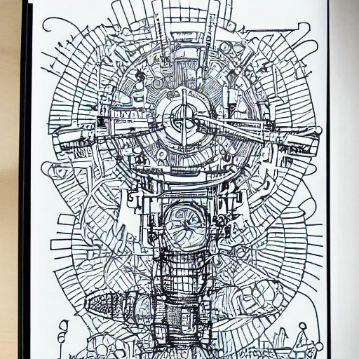 Image similar to Simplistic coloring book of a turbine blueprint, black ball pen on white paper, by Josan Gonzalez and Geof Darrow