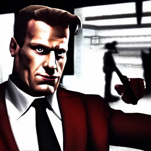 Prompt: duke nukem as the american psycho, staring intensely, duke nukem art style, explosive background, cinematic still