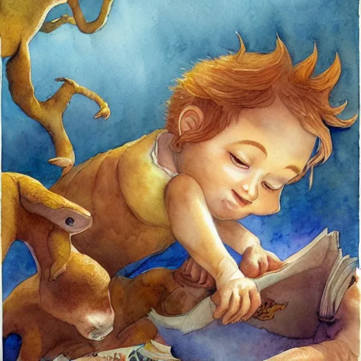 Prompt: dreaming of a dream. Child book illustration, watercolor, by Justin gerard