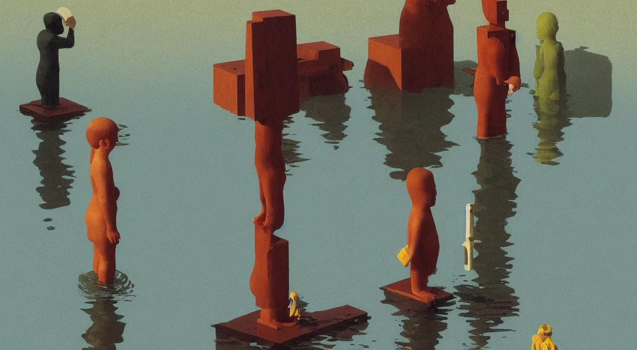 Image similar to single flooded! simple wooden water statue, very coherent and colorful high contrast!! masterpiece by rene magritte simon stalenhag carl spitzweg syd mead norman rockwell edward hopper james gilleard, minimalist, dark shadows, sunny day, hard lighting