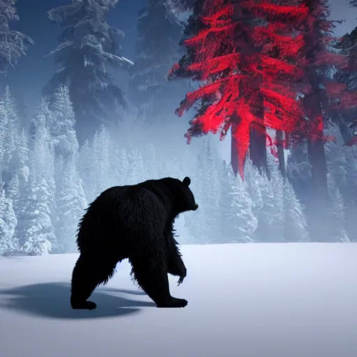 Image similar to a bear with red glowing eyes. angry. in a dark sourrounding. unreal engine 5. hd