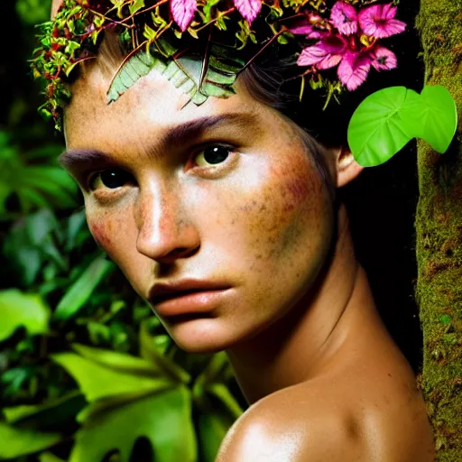 Prompt: photographic portrait of a stunningly beautiful amazonian tribal female face in amongst the jungle foliage, leaves, flowers, vines, contemporary fashion shoot, by edward robert hughes, annie leibovitz and steve mccurry, david lazar, jimmy nelsson, breathtaking, 8 k resolution, extremely detailed, beautiful, establishing shot, artistic, hyperrealistic, beautiful face, octane render