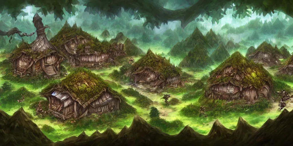 Image similar to Orc village in the middle of the forest. In style of Ragnarok Online, Korean MMORPG, epic, professional art, digital art, 8K, concept art.