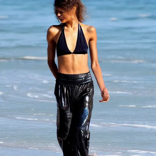 Prompt: Zendaya covering herself in oil at the beach