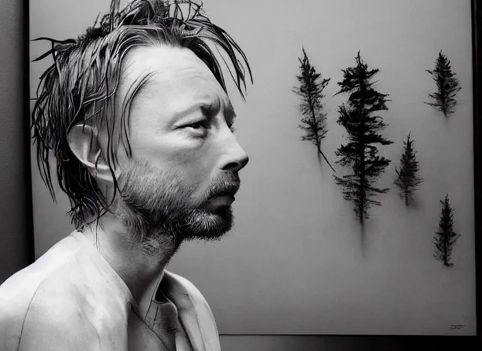 Image similar to beautiful photographs of prints of thom yorke picture on a table, hyper realistic, variations of thom yorke, ( forest ), high quality photographs, various mixed styles, intricate details, diverse colors, deep emotional impact