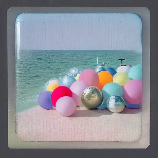 Image similar to a pastel colour high fidelity Polaroid art photo from a holiday album at a seaside with abstract inflatable parachute furniture ((and some spheres)), all objects made of transparent iridescent Perspex and metallic silver, no people, iridescence, nostalgic