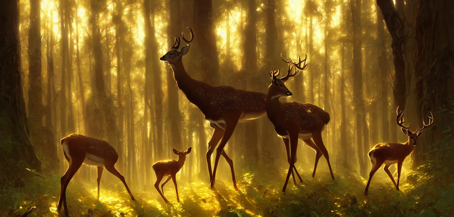 Image similar to Deer in Sherwood Forest, full frame, highly detailed, digital painting, artstation, concept art, smooth, sharp focus, illustration, art greg rutkowski and alphonse mucha