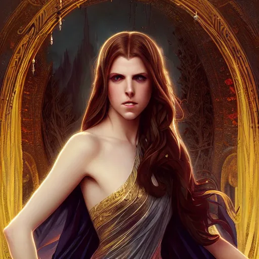 Prompt: beautiful powerful sorceress maiden princess, Anna Kendrick, cruel, intricate, elegant, highly detailed, digital painting, artstation, concept art, smooth, sharp focus, illustration, art by artgerm and greg rutkowski and alphonse mucha